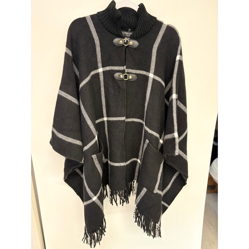 Dark Academia Preppy Poncho Cape Plaid Toggle Women OS Black